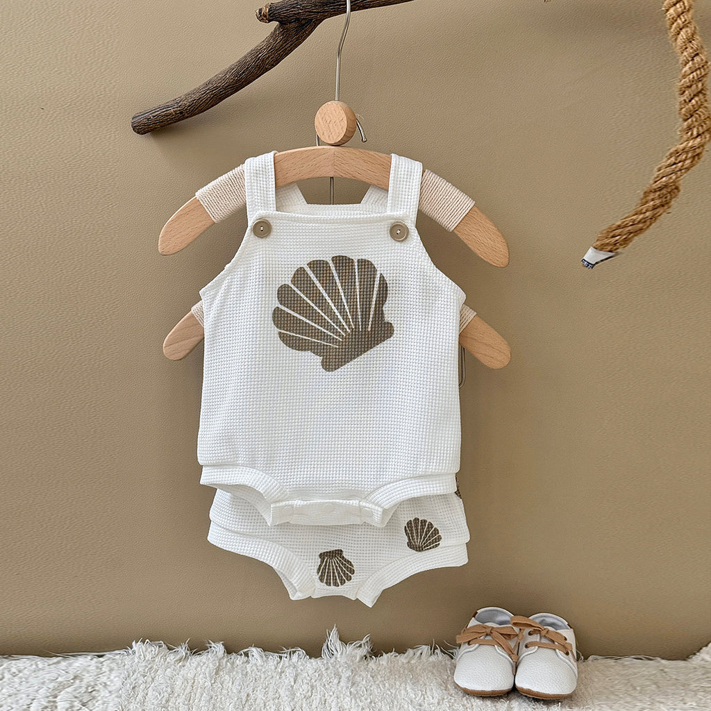 Seashell Print Baby 2Pcs Outfit Waffle Knit Suspender Romper Shorts Set