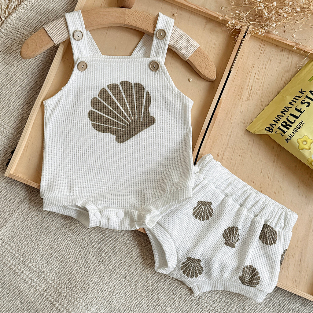 Seashell Print Baby 2Pcs Outfit Waffle Knit Suspender Romper Shorts Set