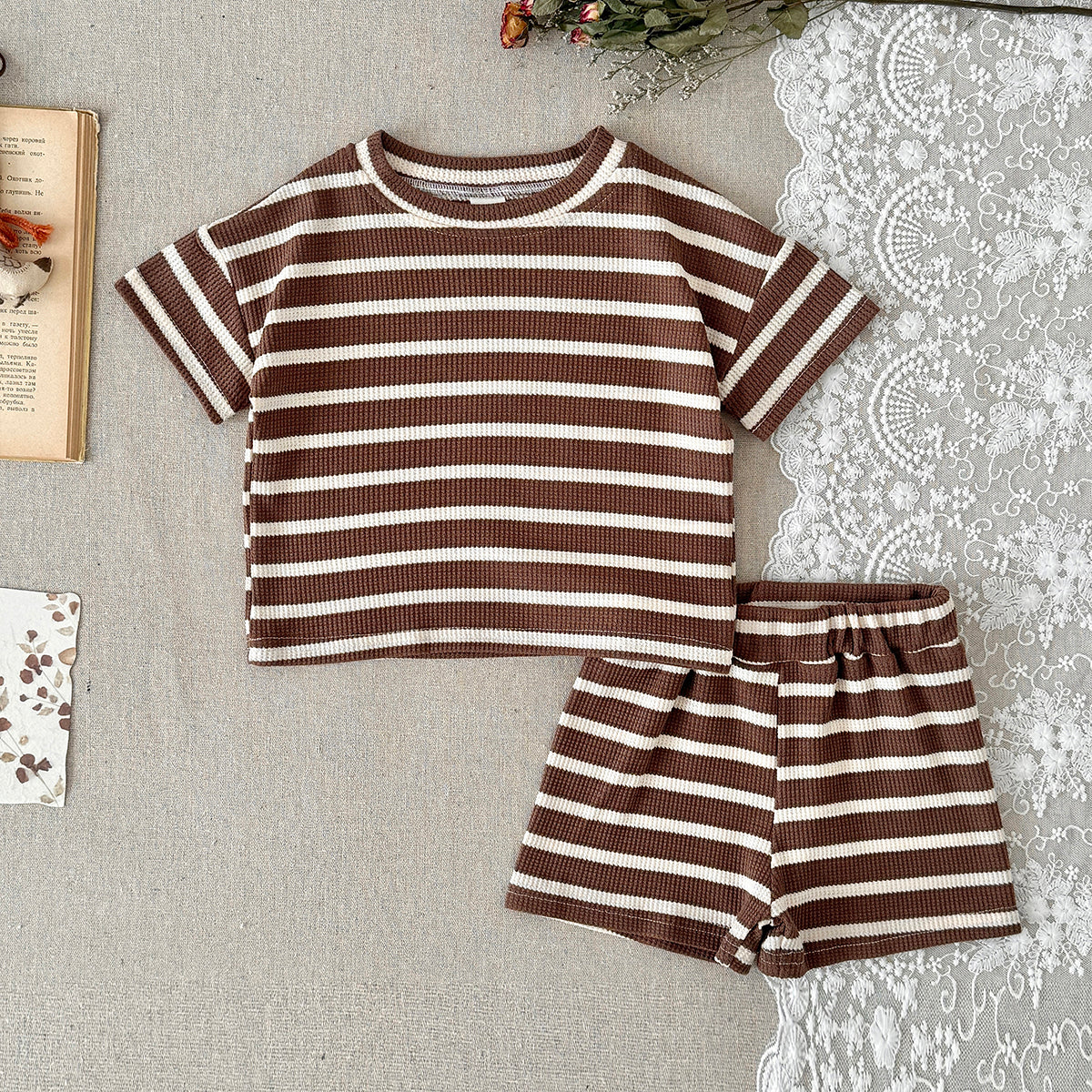 Baby Waffle Striped Tee & Shorts 2 Piece Summer Outfit