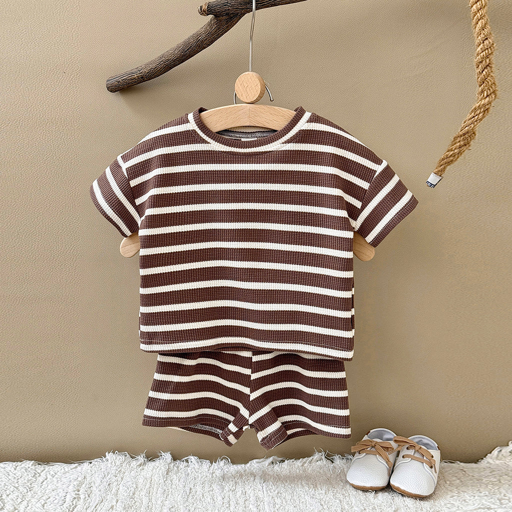 Baby Waffle Striped Tee & Shorts 2 Piece Summer Outfit