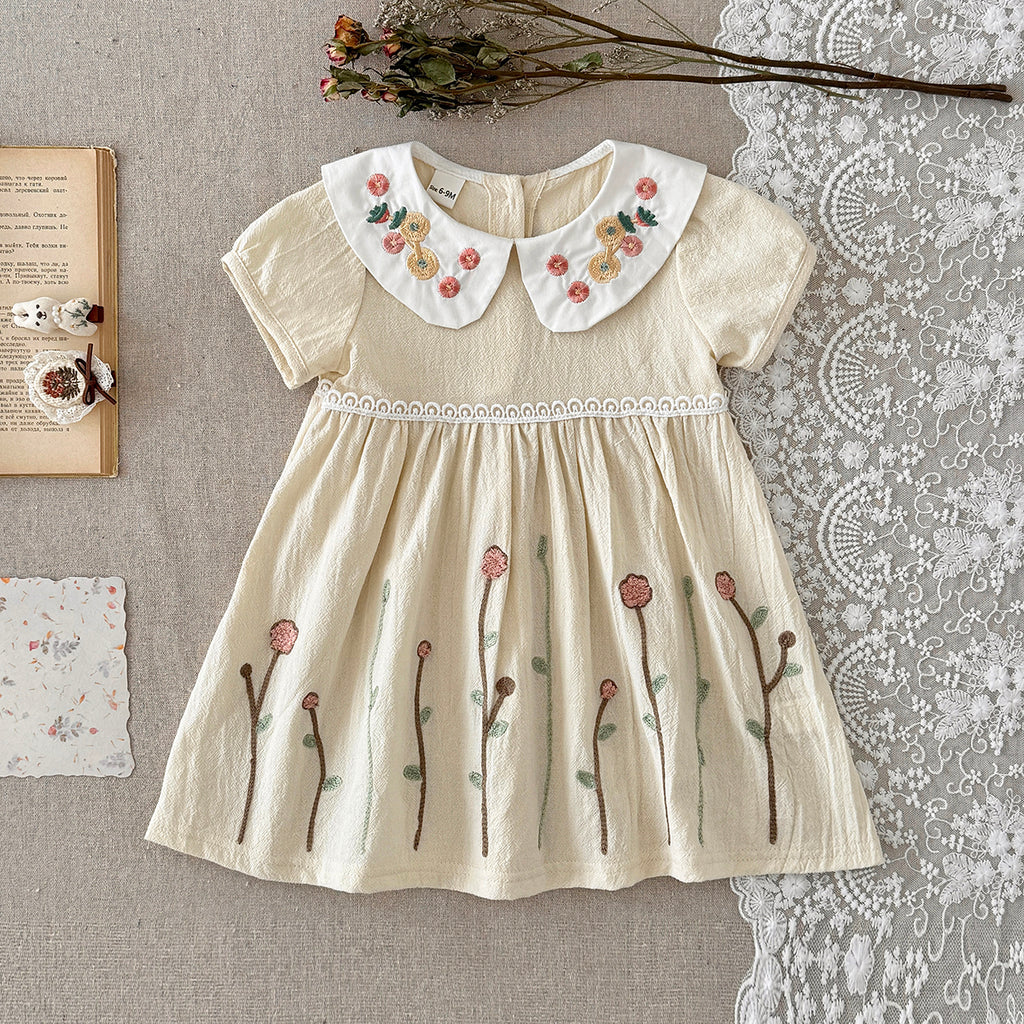 Floral Embroidery Peter Pan Collar Baby Girl Dress