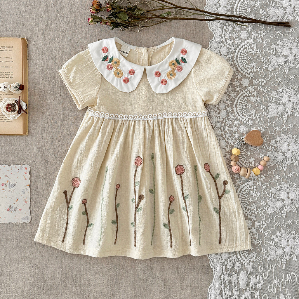 Floral Embroidery Peter Pan Collar Baby Girl Dress