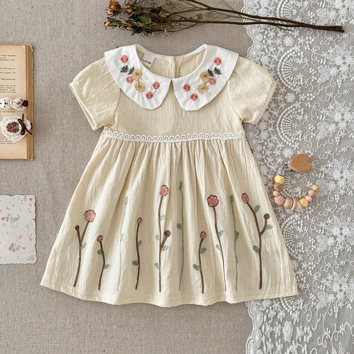 Floral Embroidery Peter Pan Collar Baby Girl Dress