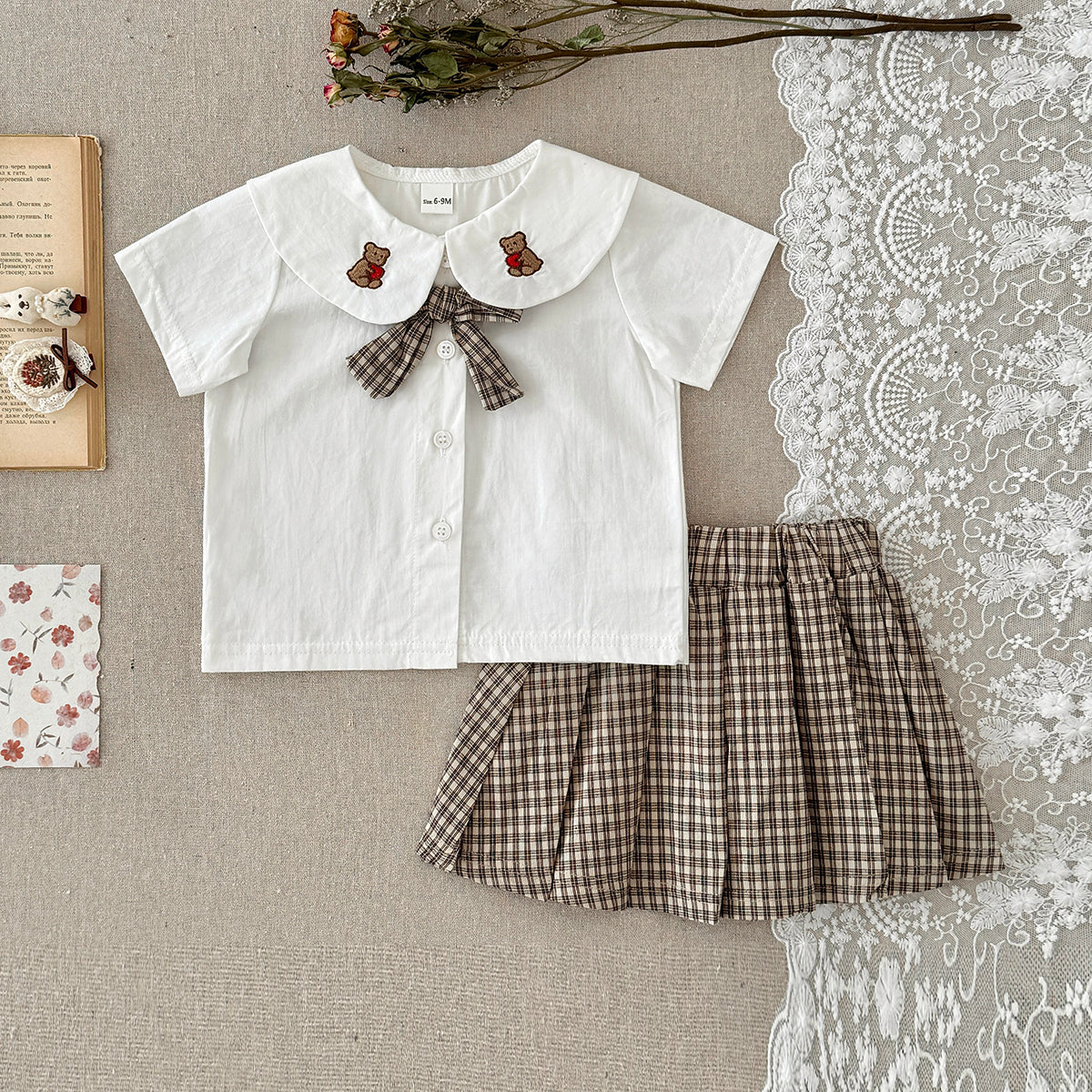 Bear Embroidery Peter Pan Collar Baby Skirt Set