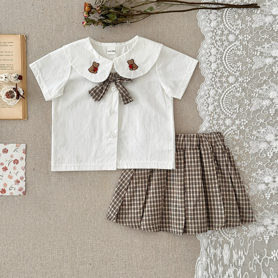 Bear Embroidery Peter Pan Collar Baby Skirt Set
