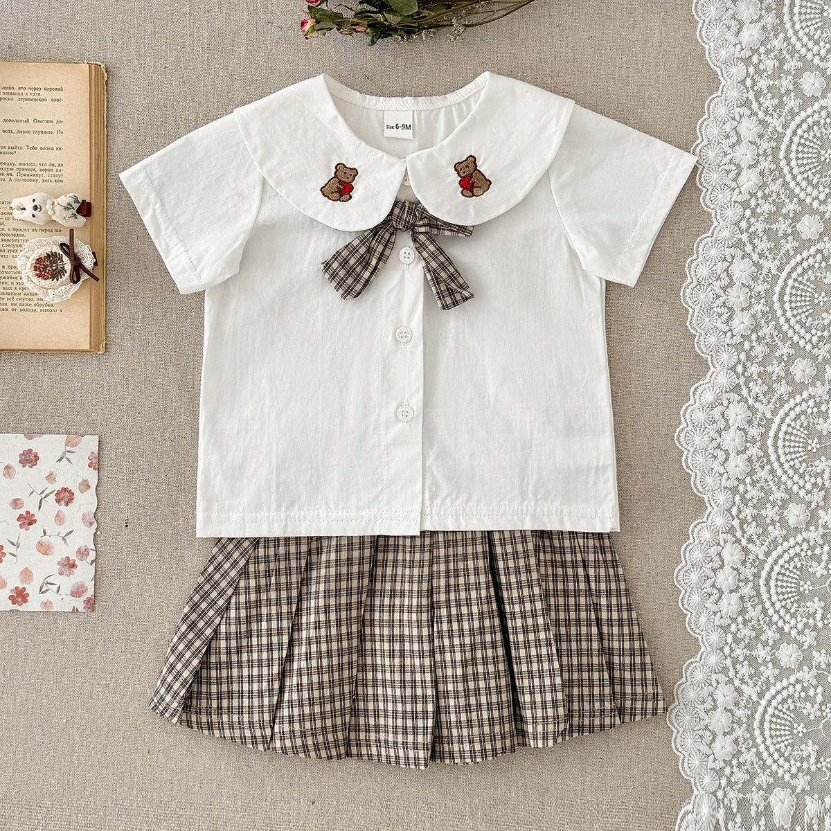 Bear Embroidery Peter Pan Collar Baby Skirt Set