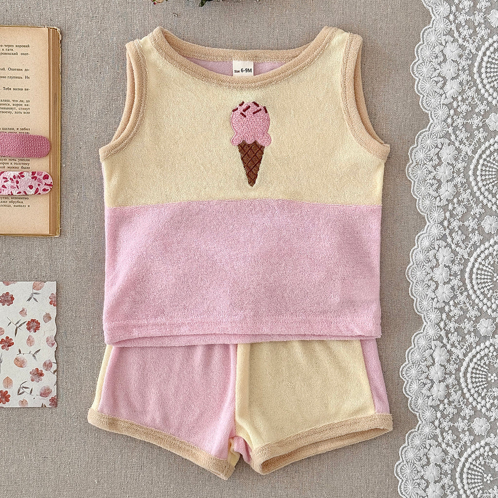 Cute Ice Cream Embroidered Baby Terry Tank Top & Shorts