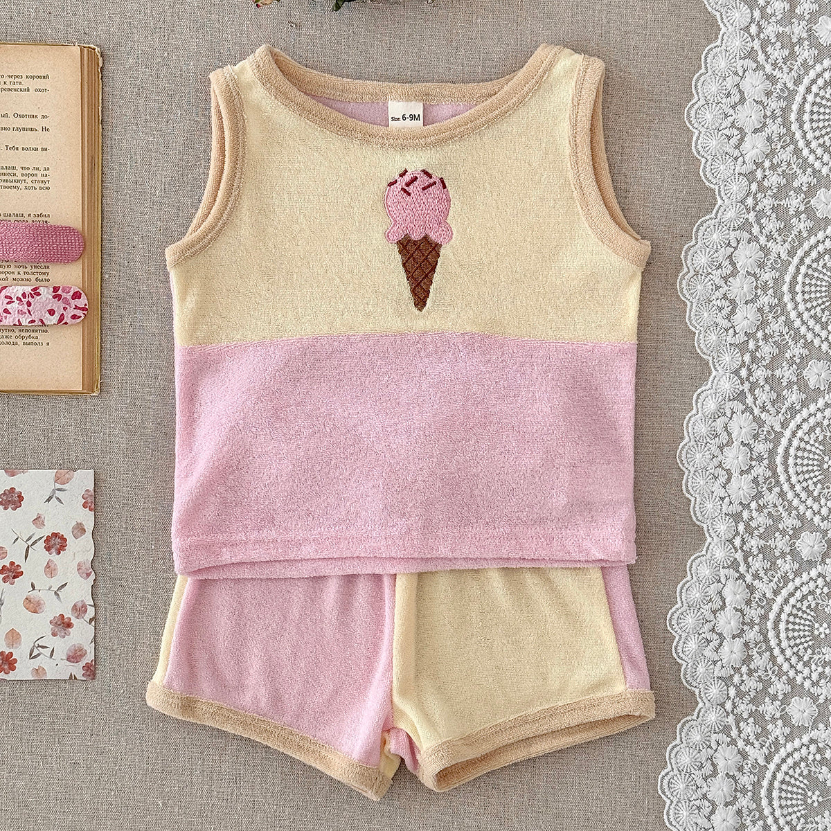 Cute Ice Cream Embroidered Baby Terry Tank Top & Shorts