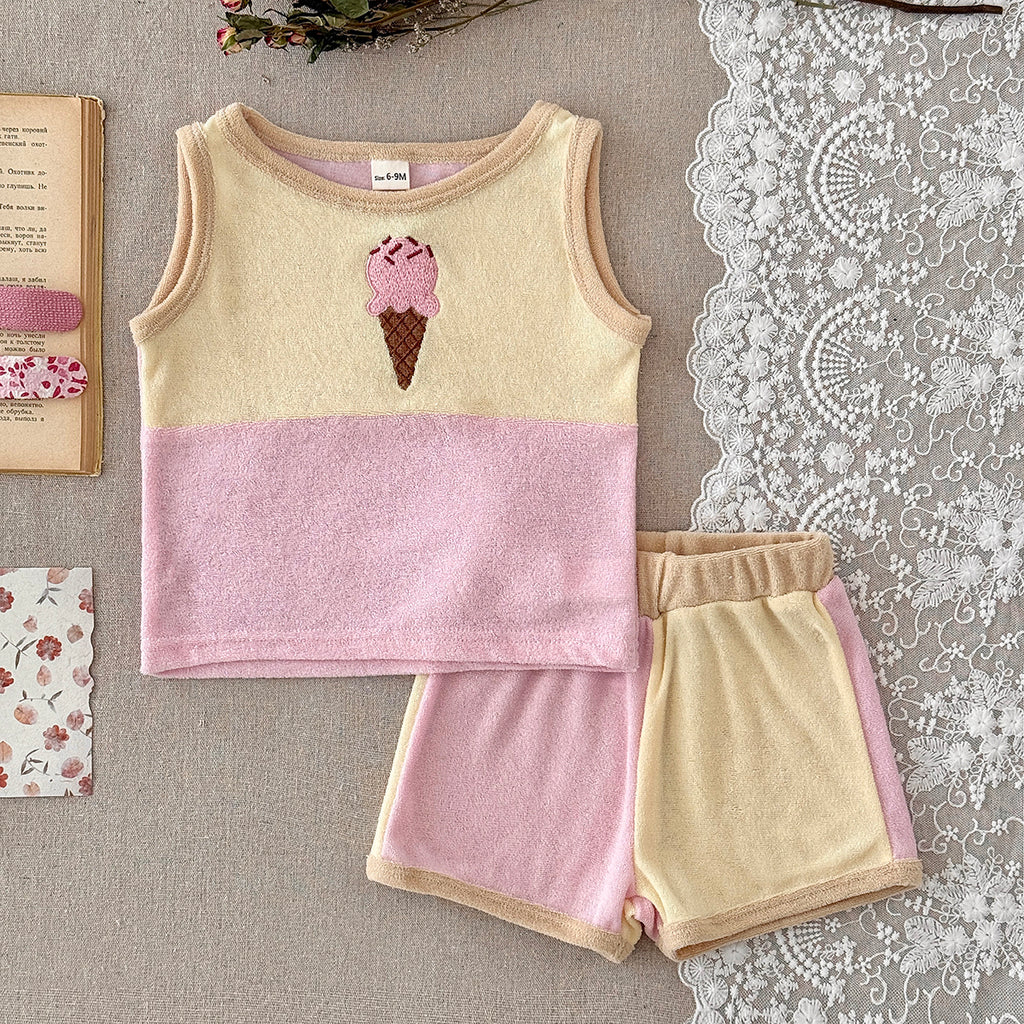 Cute Ice Cream Embroidered Baby Terry Tank Top & Shorts