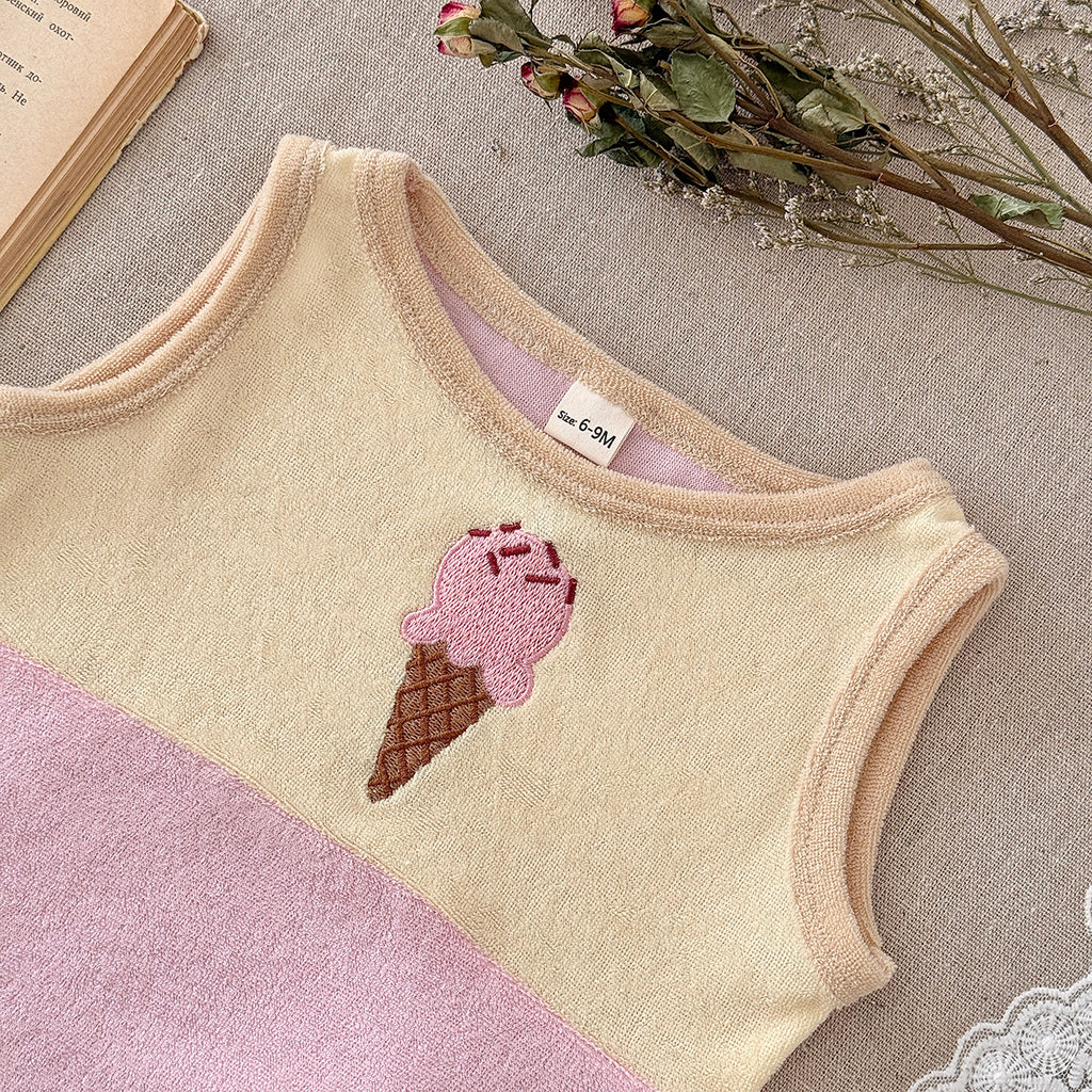 Cute Ice Cream Embroidered Baby Terry Tank Top & Shorts