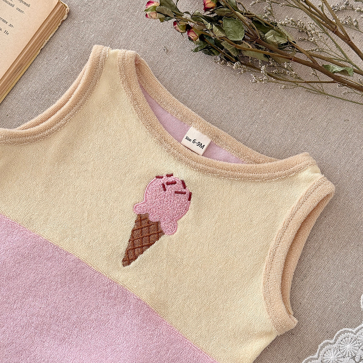 Cute Ice Cream Embroidered Baby Terry Tank Top & Shorts