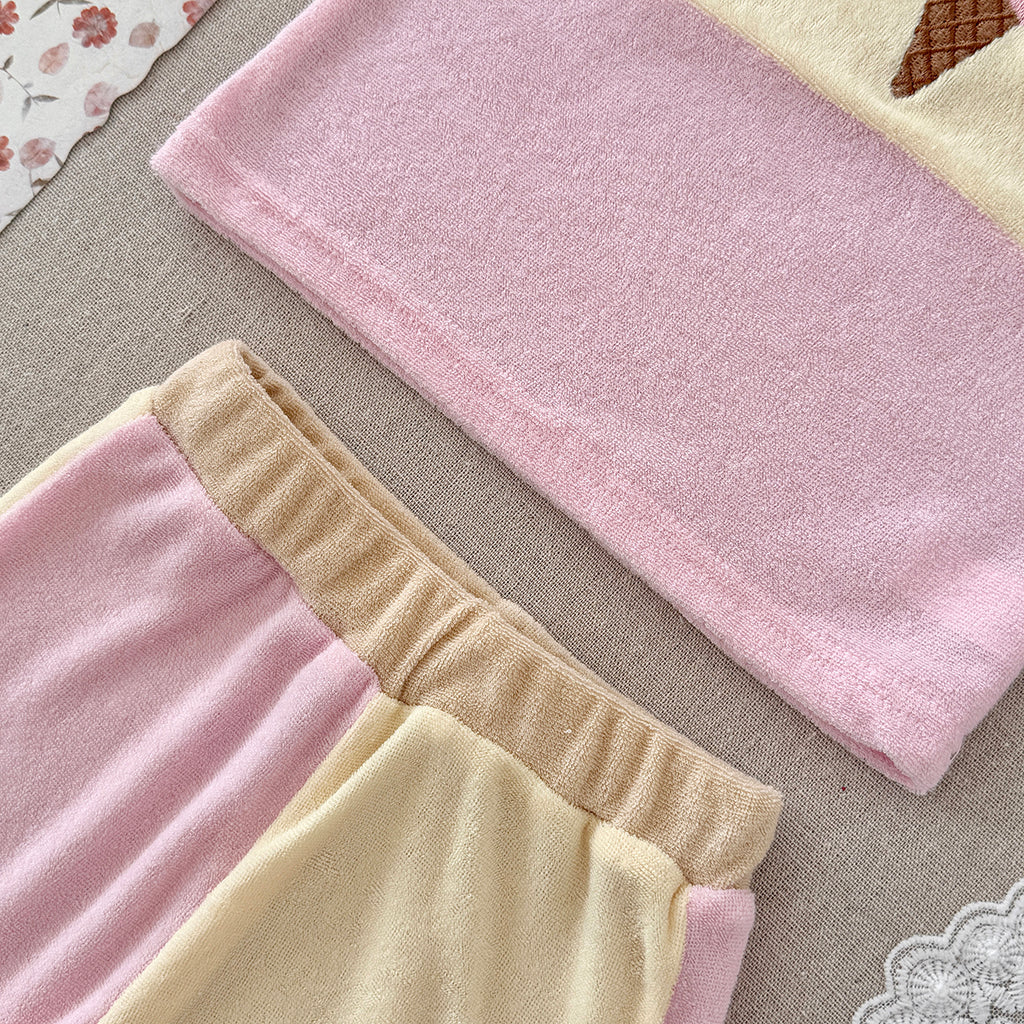 Cute Ice Cream Embroidered Baby Terry Tank Top & Shorts