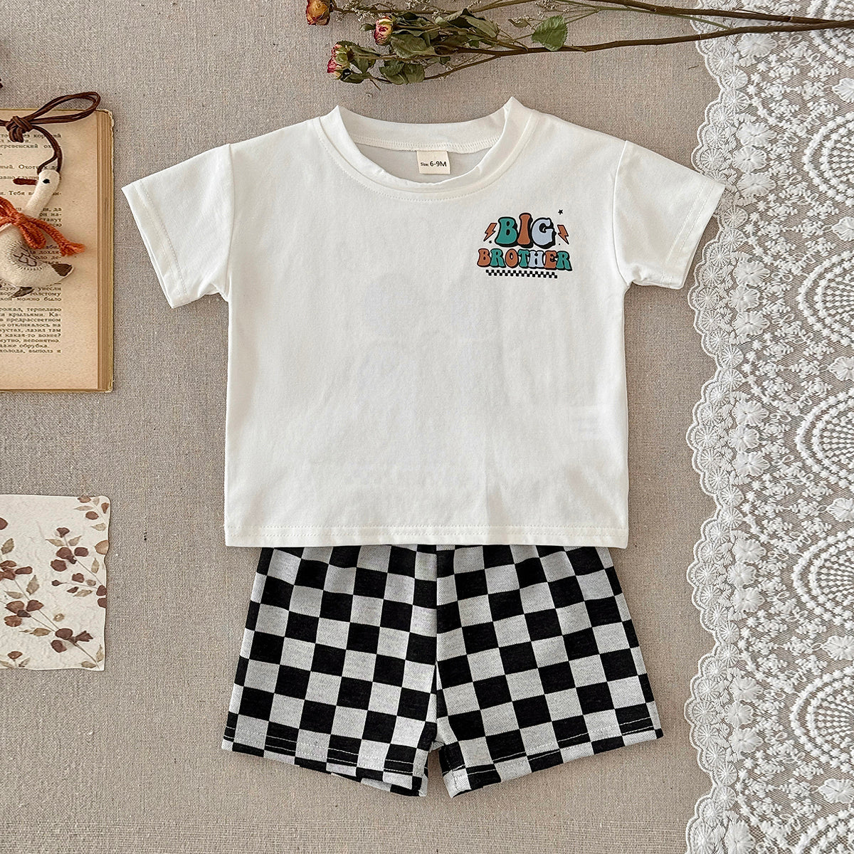 Baby Big Brother Graphic Tee & Checkerboard Shorts Summer Outfit Set