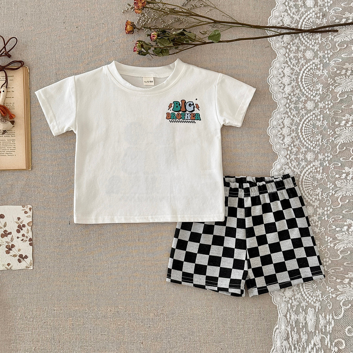Baby Big Brother Graphic Tee & Checkerboard Shorts Summer Outfit Set