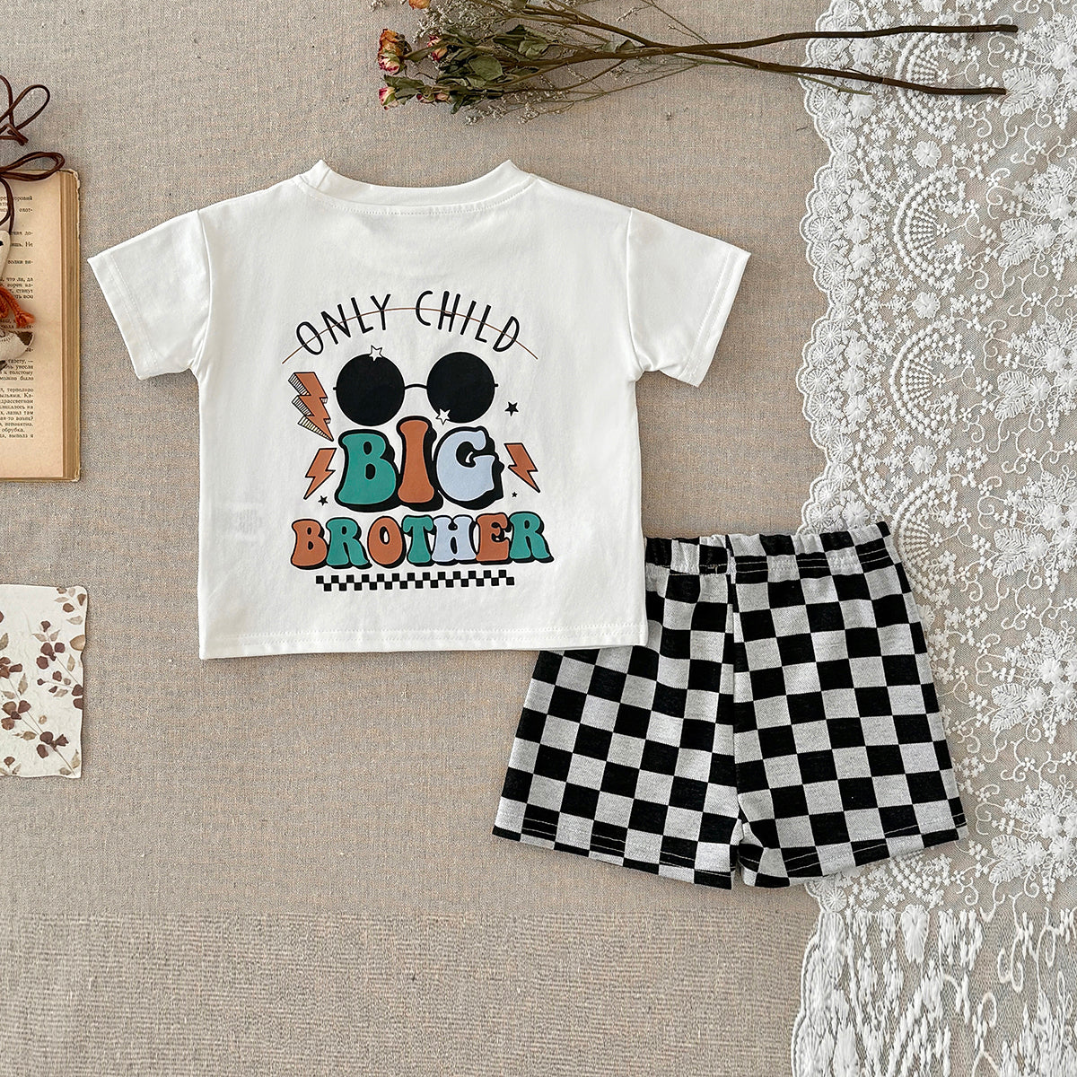 Baby Big Brother Graphic Tee & Checkerboard Shorts Summer Outfit Set