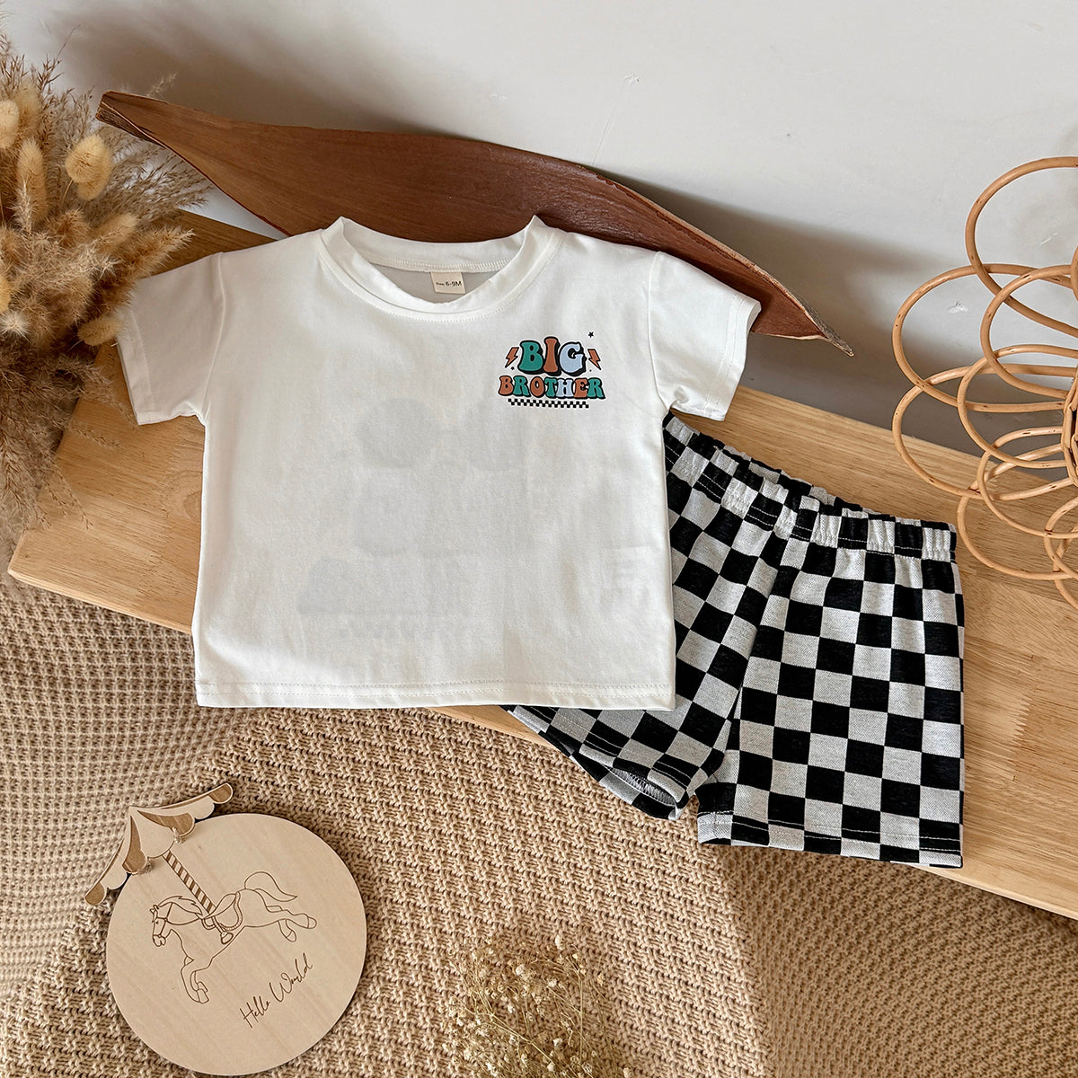 Baby Big Brother Graphic Tee & Checkerboard Shorts Summer Outfit Set