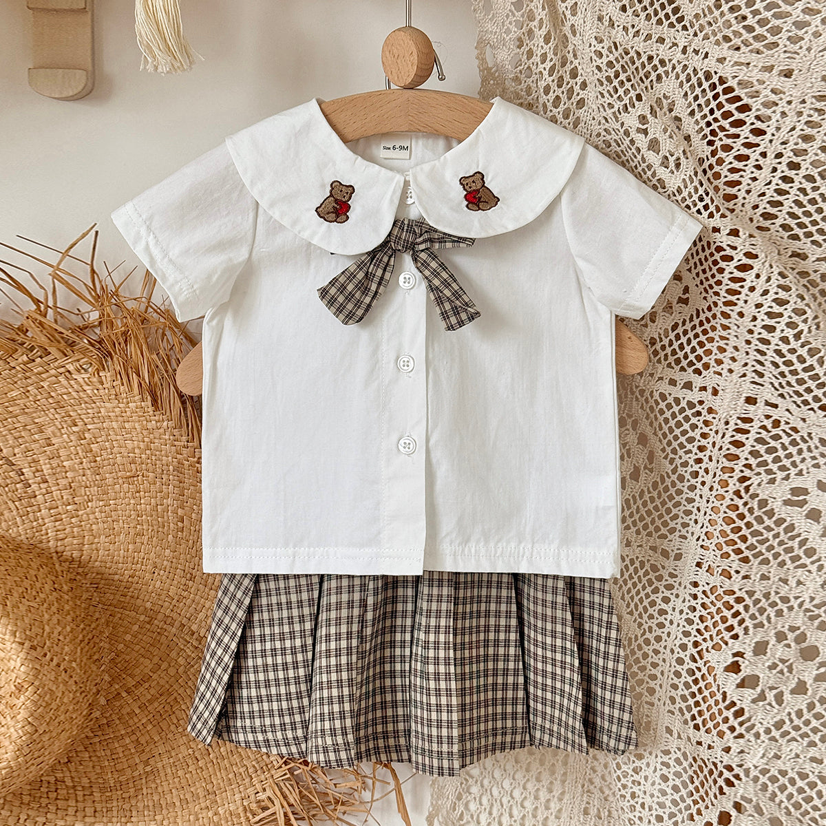 Bear Embroidery Peter Pan Collar Baby Skirt Set