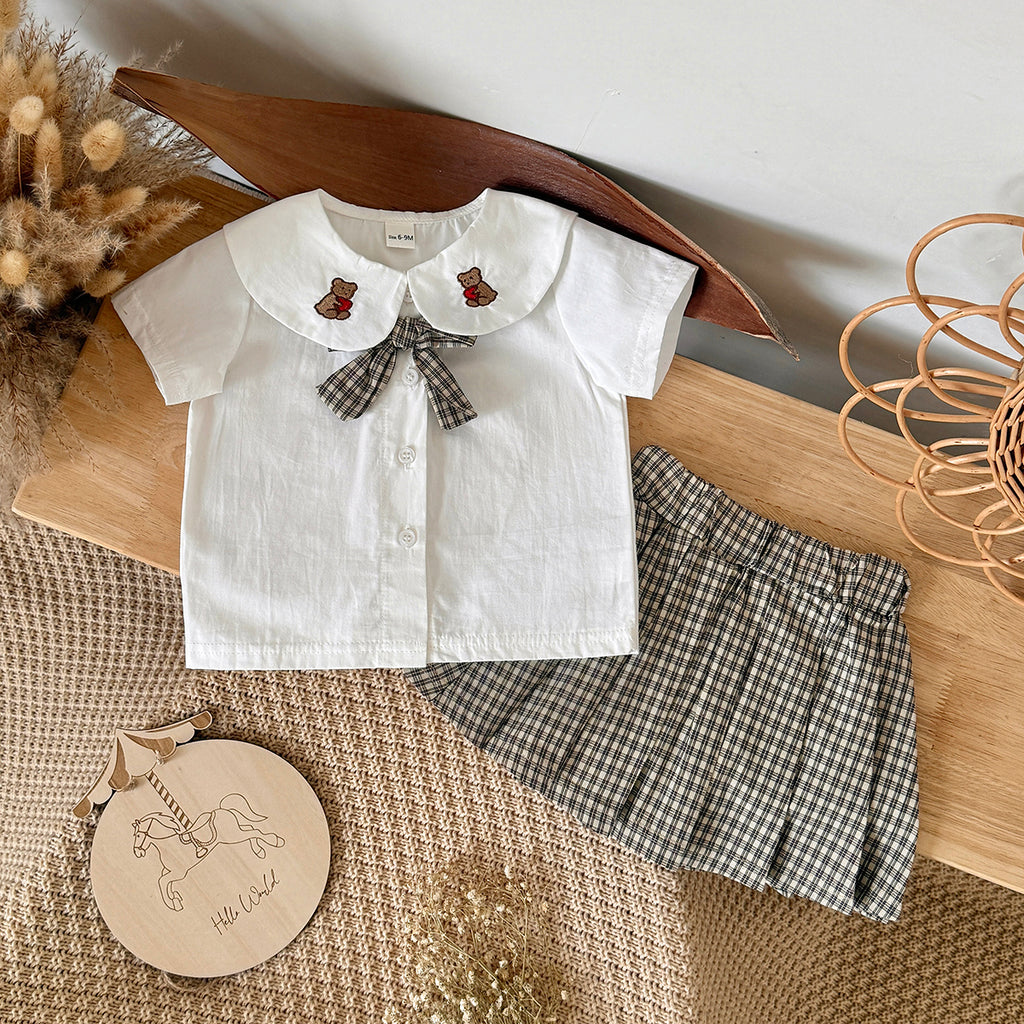 Bear Embroidery Peter Pan Collar Baby Skirt Set