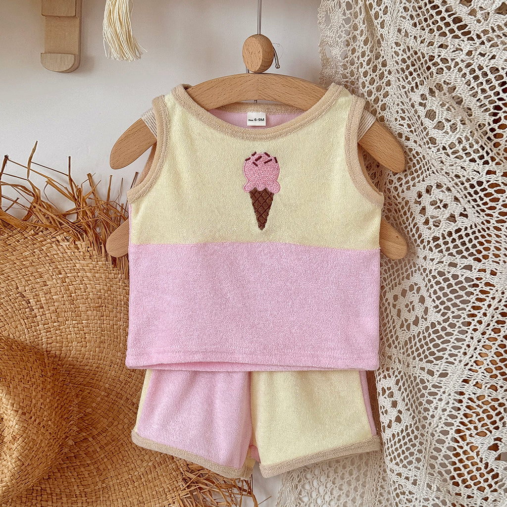 Cute Ice Cream Embroidered Baby Terry Tank Top & Shorts