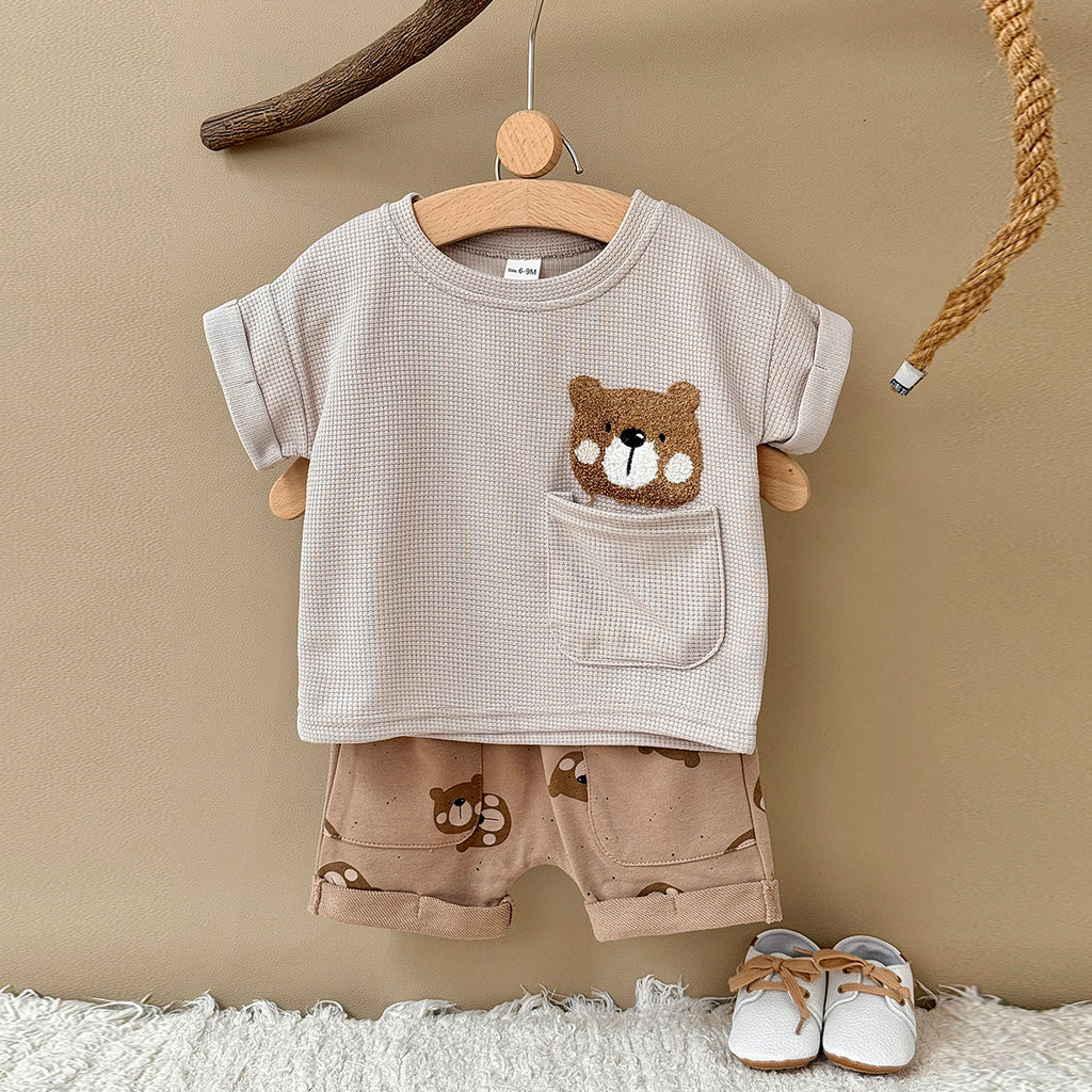 Waffle Knit Bear Print Baby Shorts Outfit