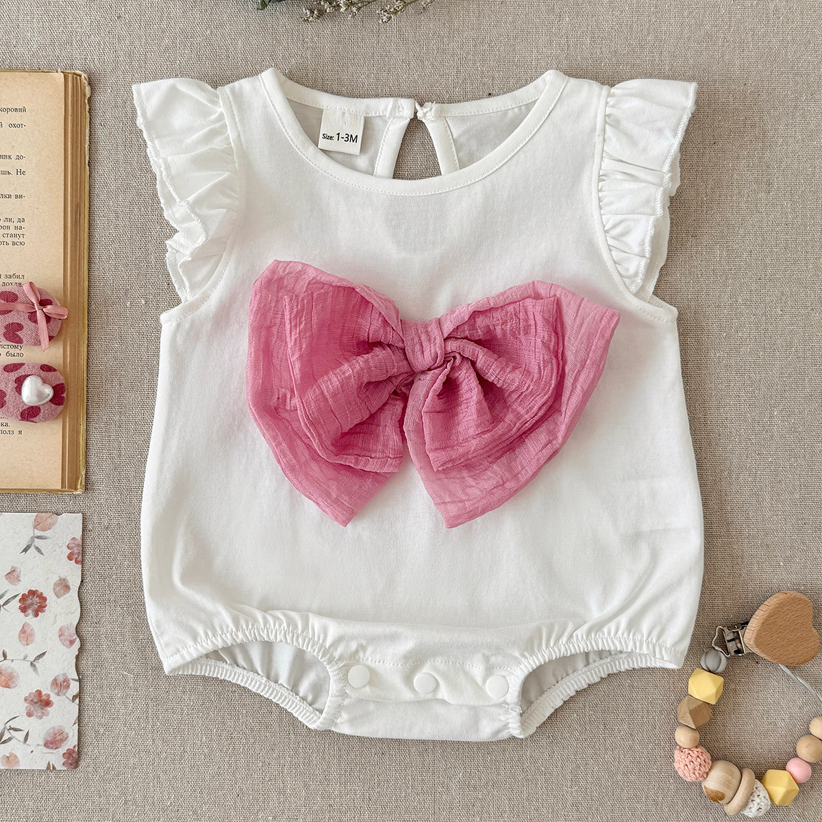 Baby Girl Ruffle Sleeve Bodysuit with Pink Big Bow