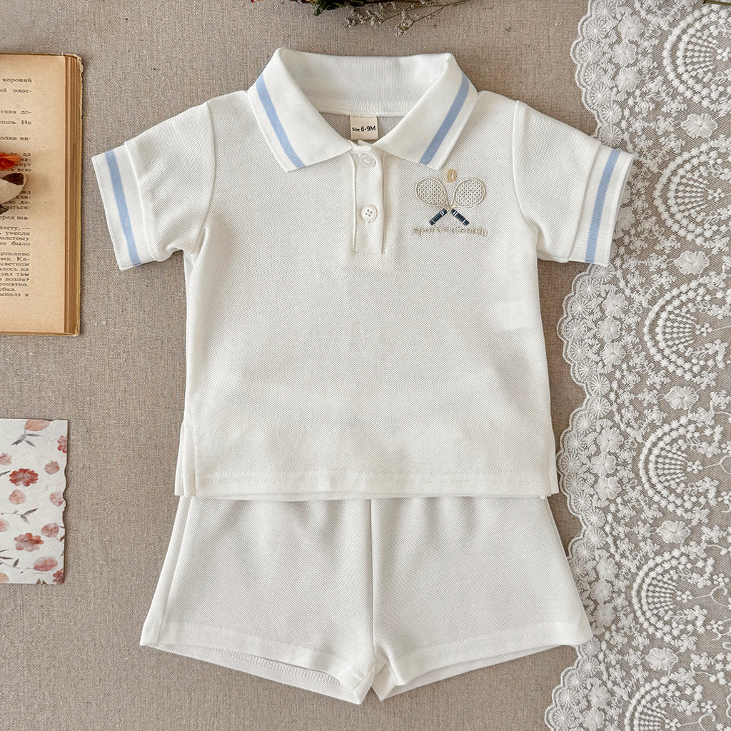 White Baby Polo Outfit with Tennis Racket Embroidery, 2-Piece Shorts Set