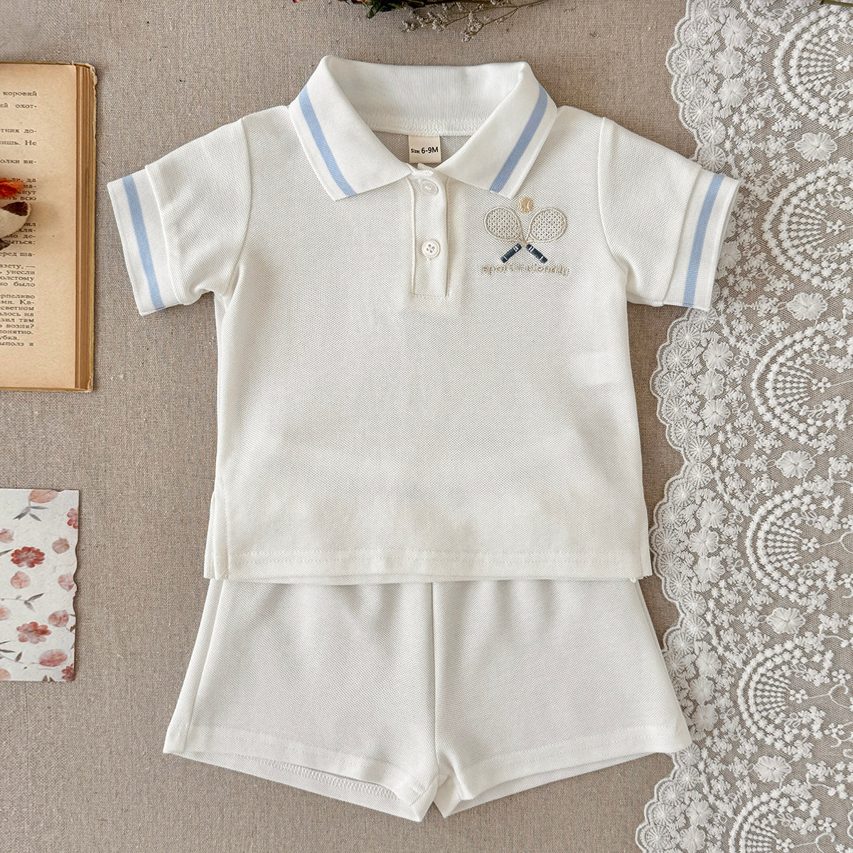 White Baby Polo Outfit with Tennis Racket Embroidery, 2-Piece Shorts Set