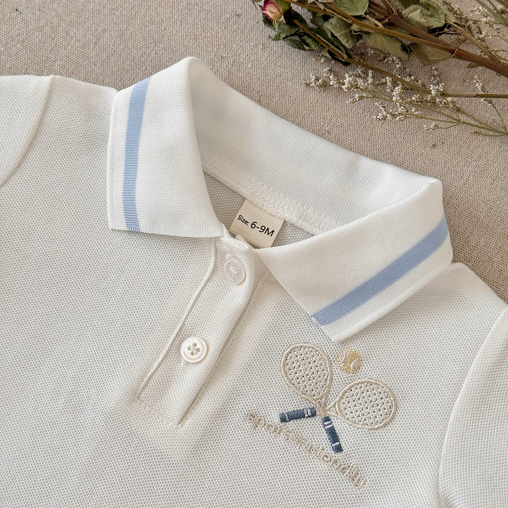 White Baby Polo Outfit with Tennis Racket Embroidery, 2-Piece Shorts Set