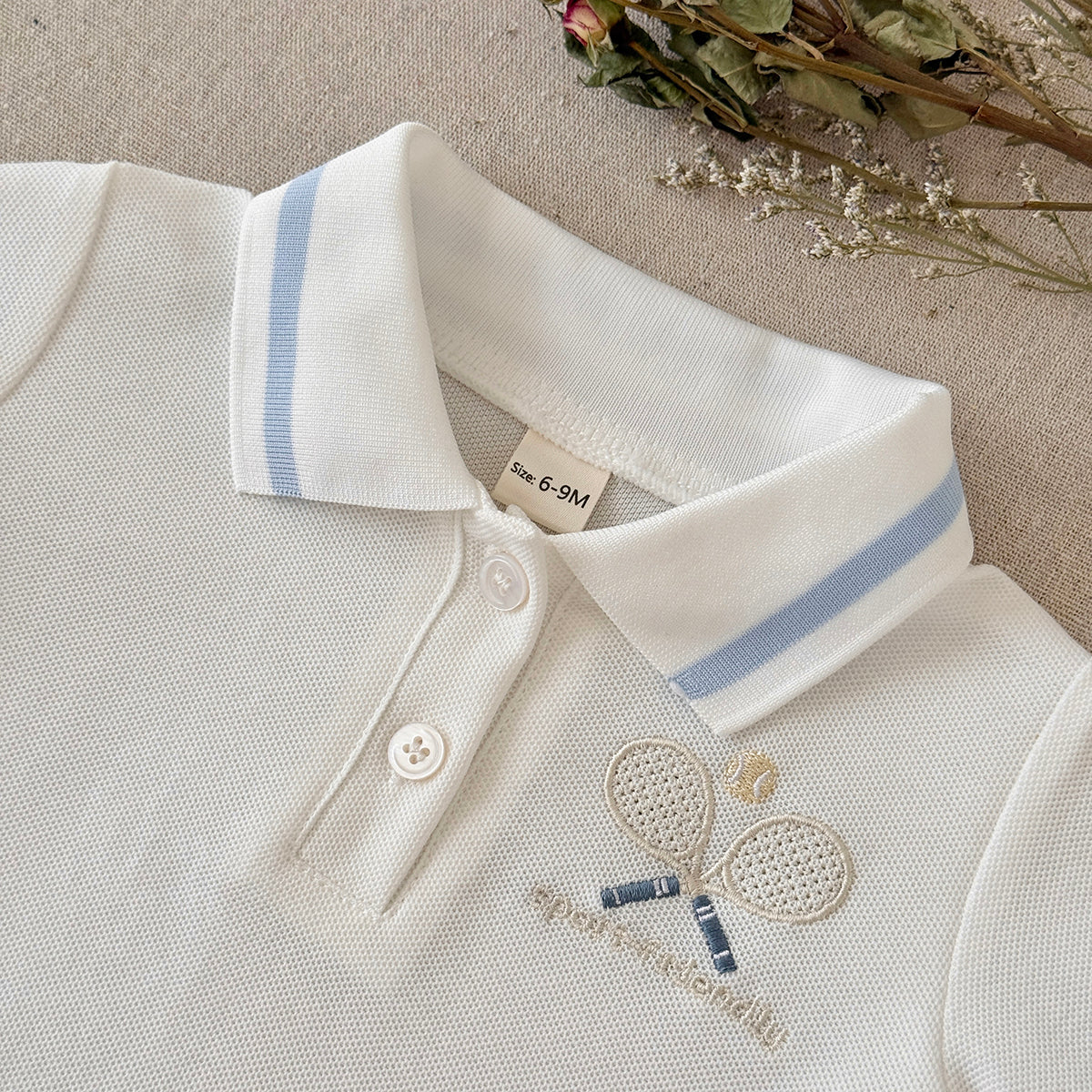 White Baby Polo Outfit with Tennis Racket Embroidery, 2-Piece Shorts Set