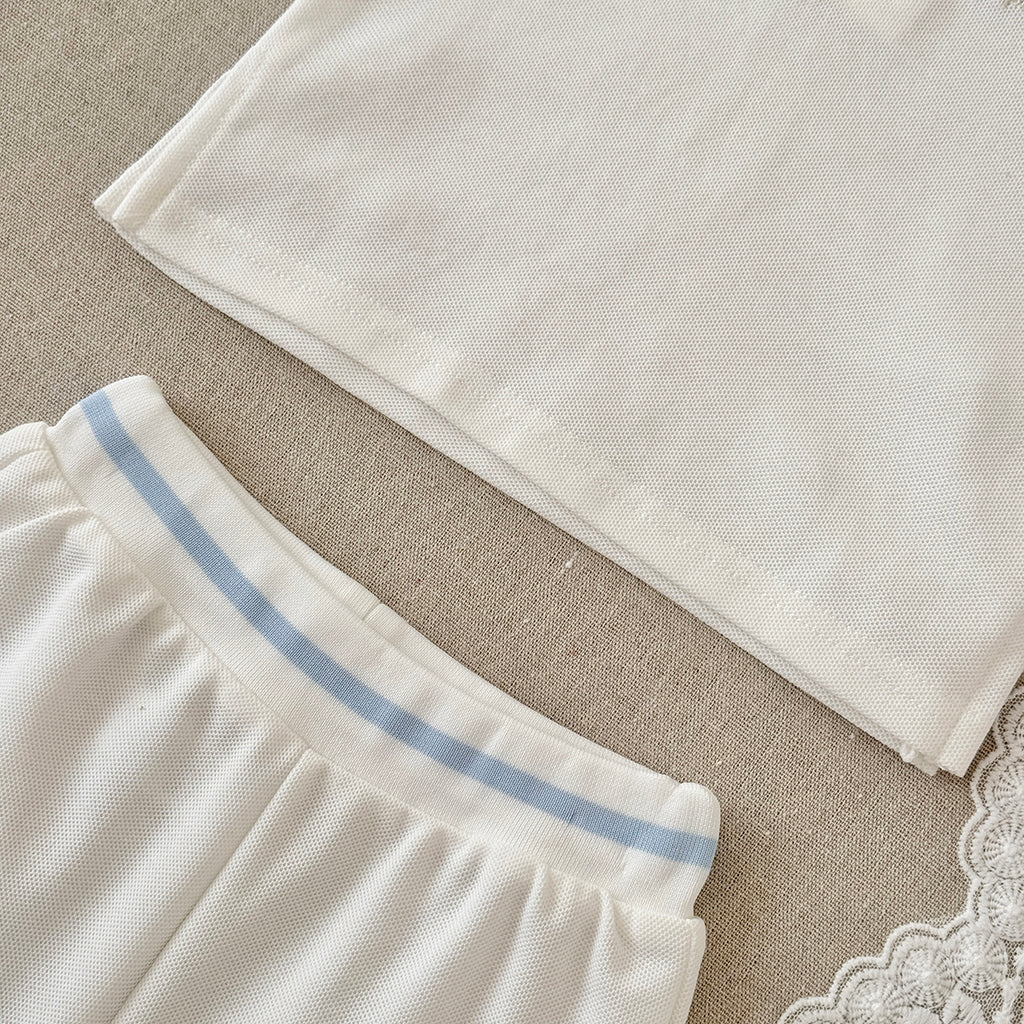 White Baby Polo Outfit with Tennis Racket Embroidery, 2-Piece Shorts Set