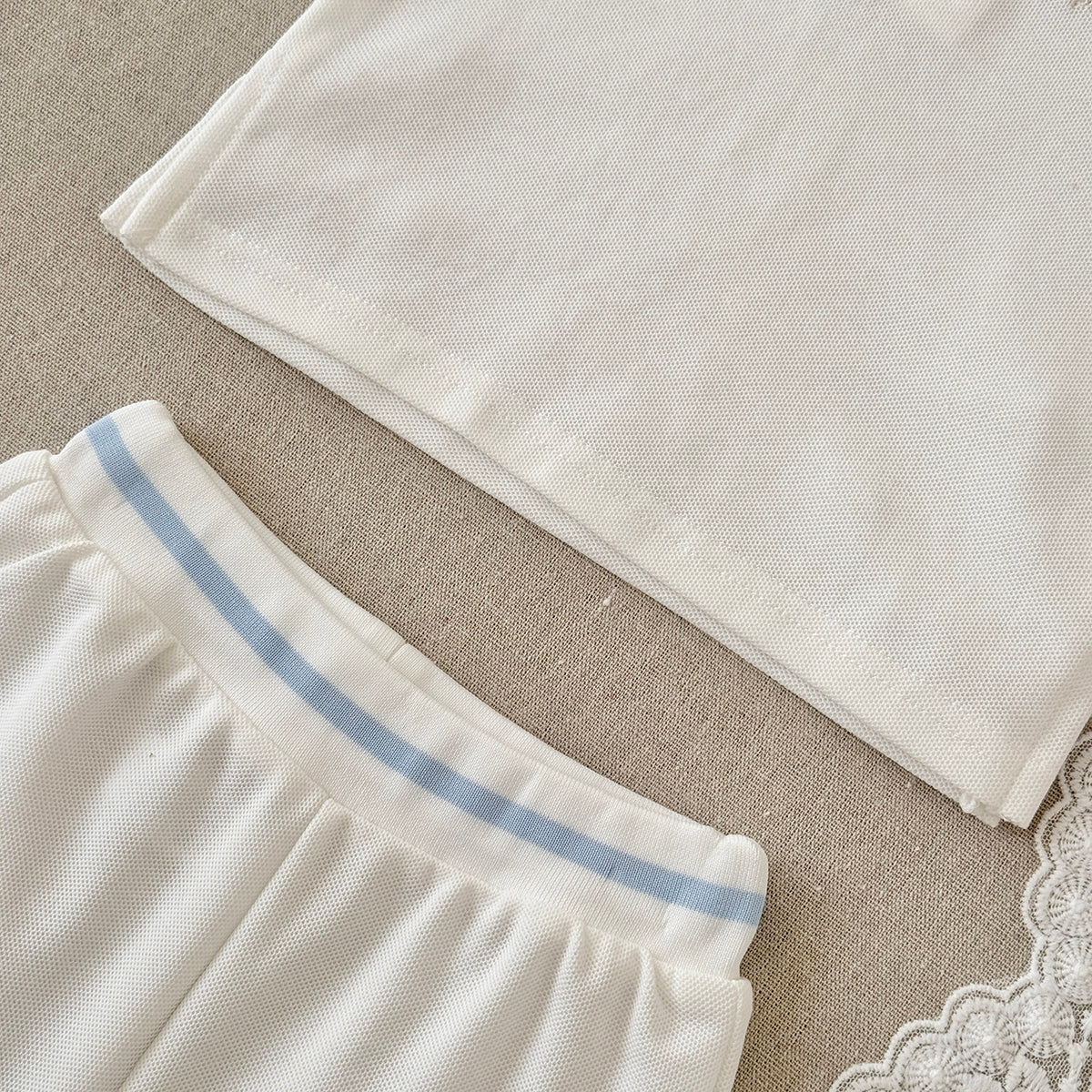 White Baby Polo Outfit with Tennis Racket Embroidery, 2-Piece Shorts Set