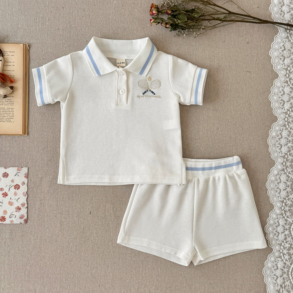 White Baby Polo Outfit with Tennis Racket Embroidery, 2-Piece Shorts Set