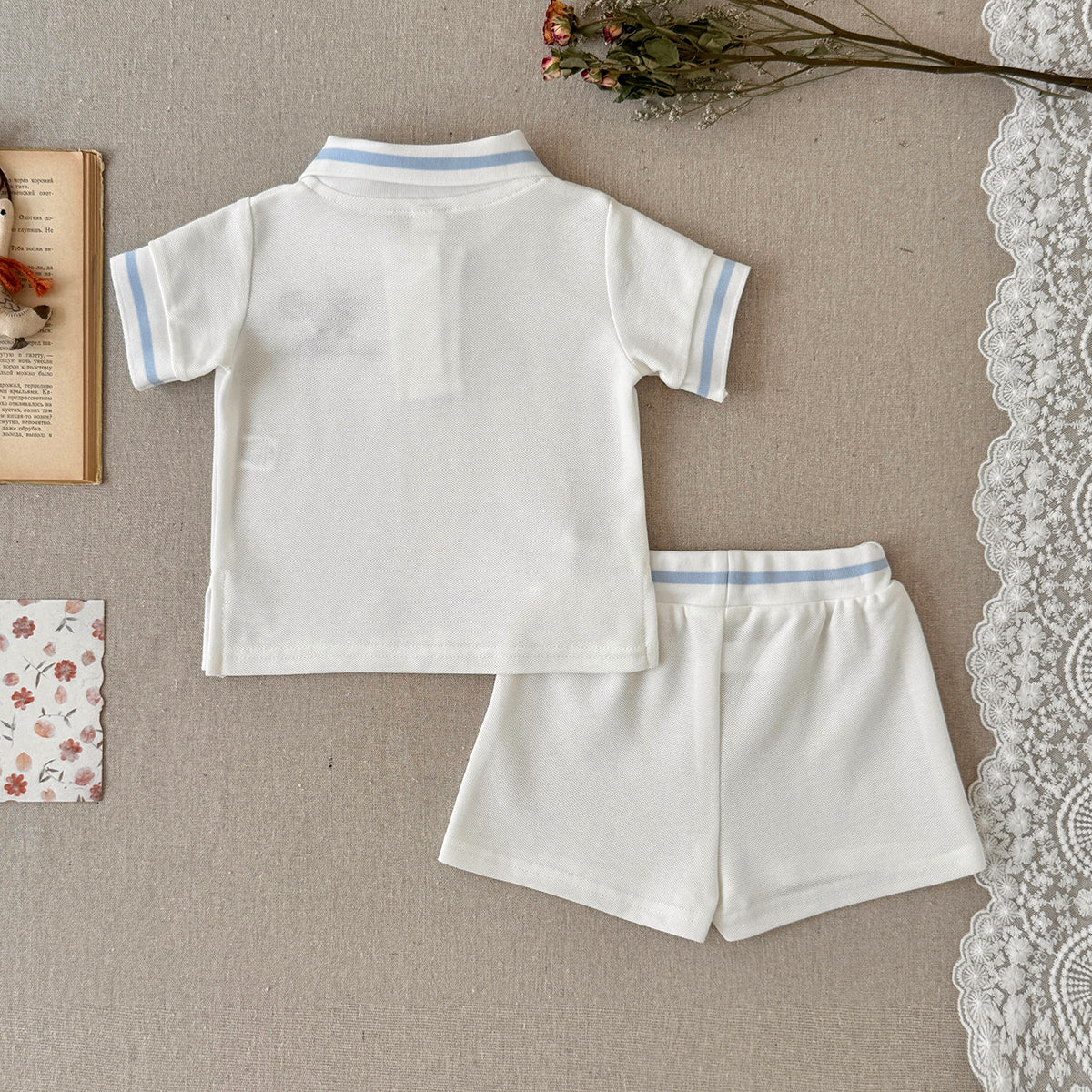 White Baby Polo Outfit with Tennis Racket Embroidery, 2-Piece Shorts Set