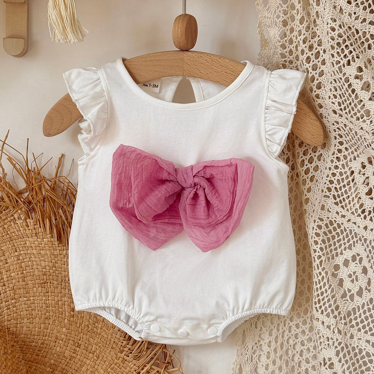 Baby Girl Ruffle Sleeve Bodysuit with Pink Big Bow