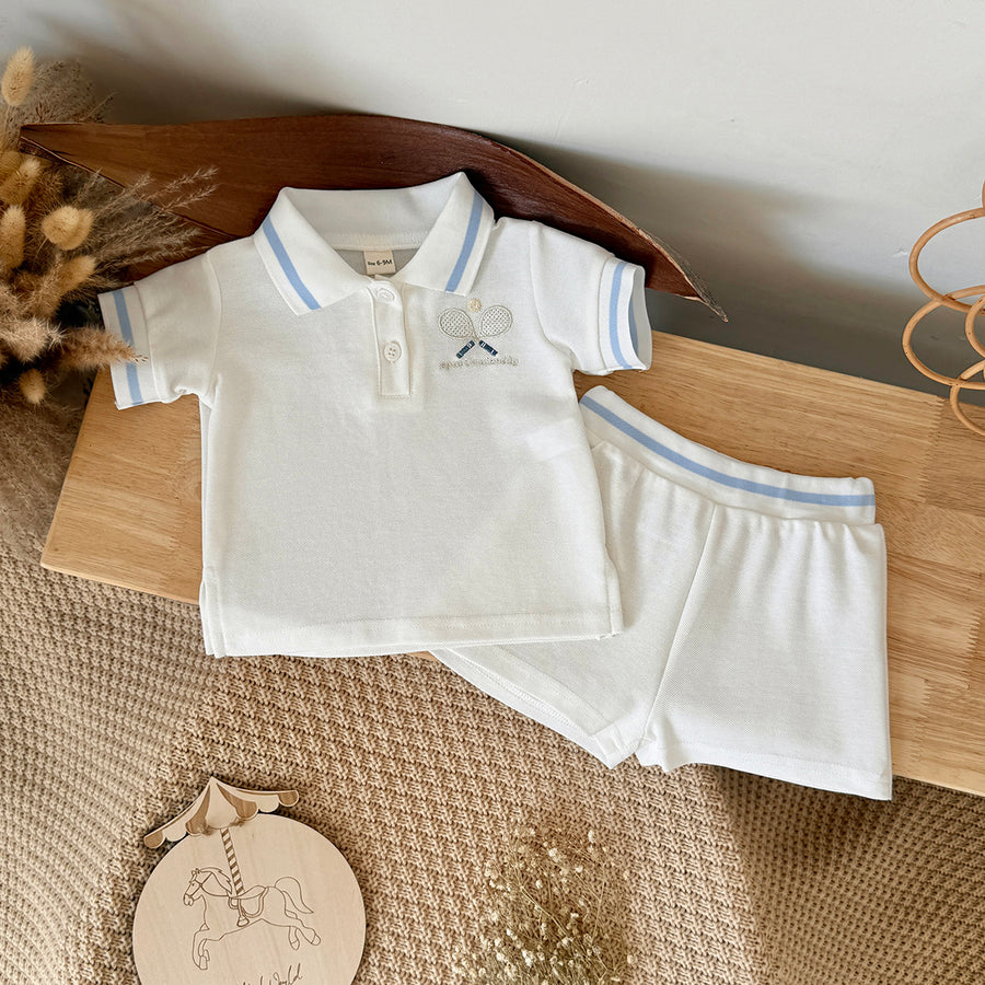 White Baby Polo Outfit with Tennis Racket Embroidery, 2-Piece Shorts Set