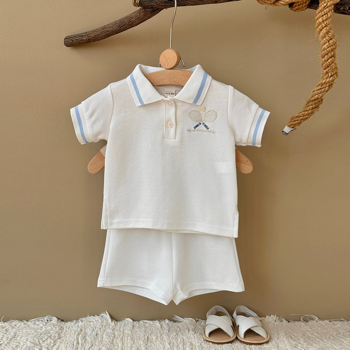 White Baby Polo Outfit with Tennis Racket Embroidery, 2-Piece Shorts Set