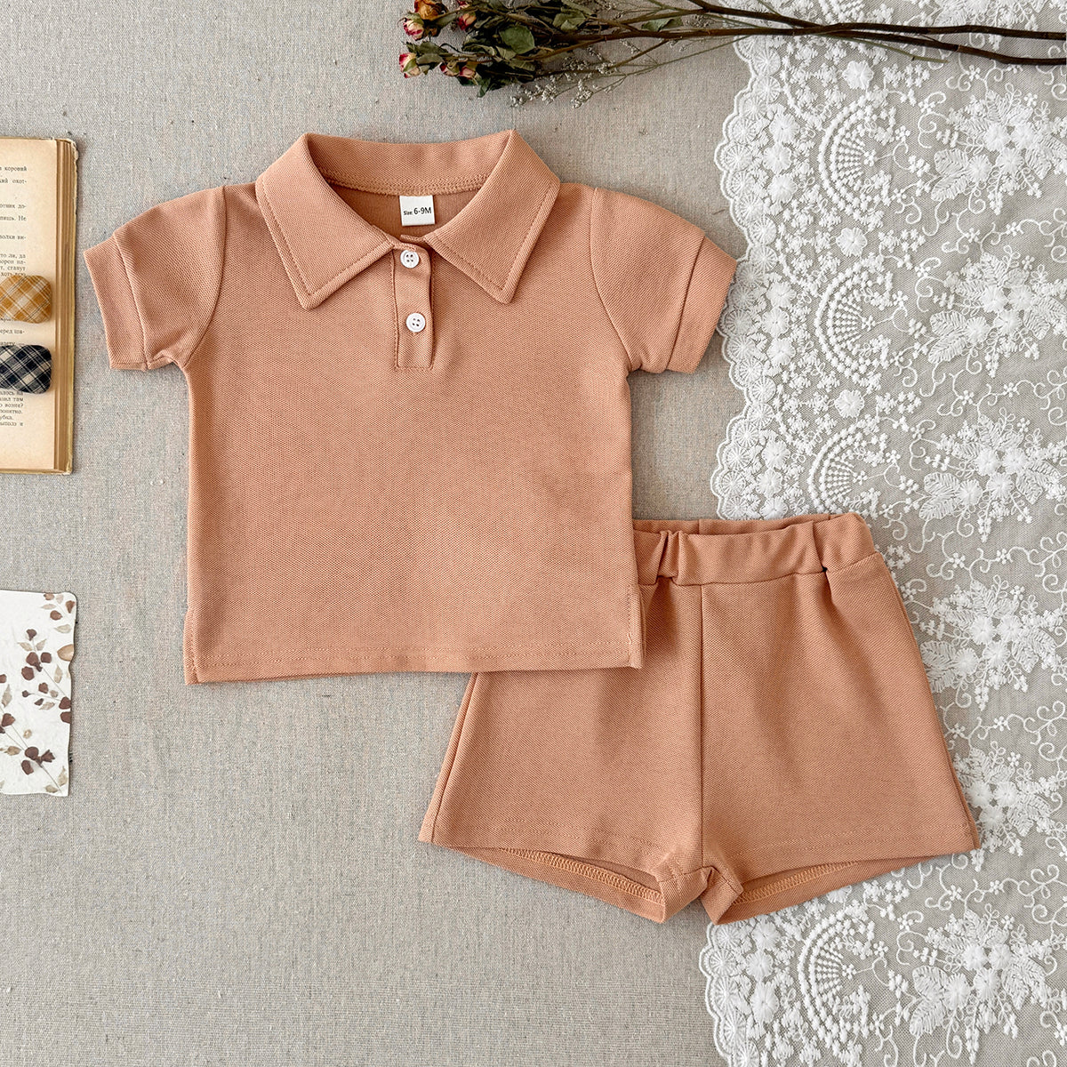 Baby Solid Polo Shirt & Elastic Waist Shorts Summer 2Pcs Outfit