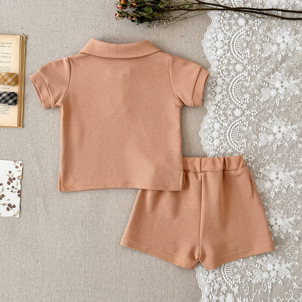 Baby Solid Polo Shirt & Elastic Waist Shorts Summer 2Pcs Outfit