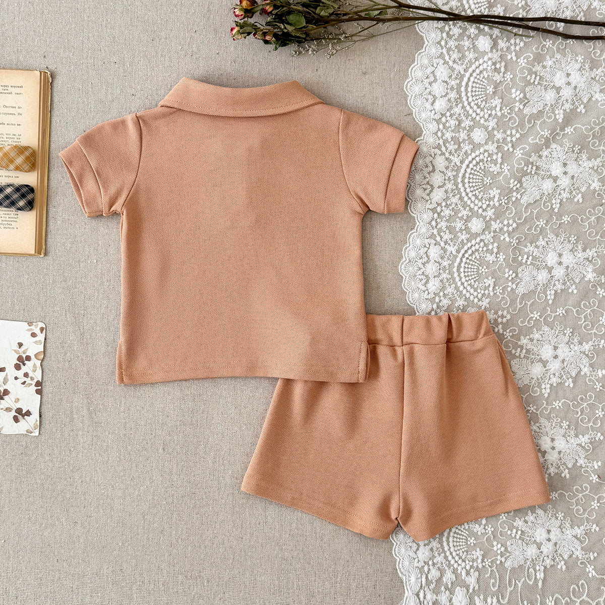 Baby Solid Polo Shirt & Elastic Waist Shorts Summer 2Pcs Outfit