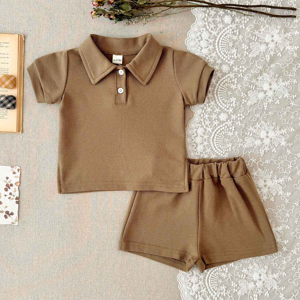 Baby Solid Polo Shirt & Elastic Waist Shorts Summer 2Pcs Outfit