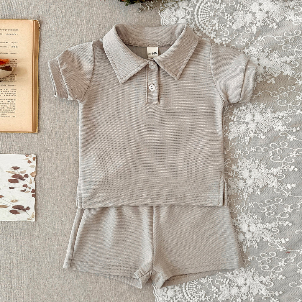 Baby Solid Polo Shirt & Elastic Waist Shorts Summer 2Pcs Outfit