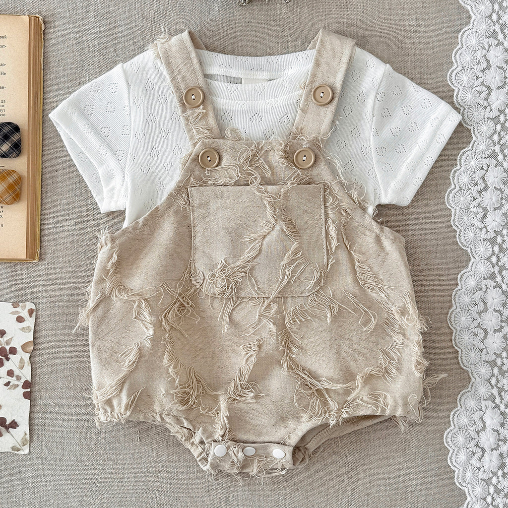 Frayed Texture Baby Overalls Romper Set Eyelet Short Sleeve Tee