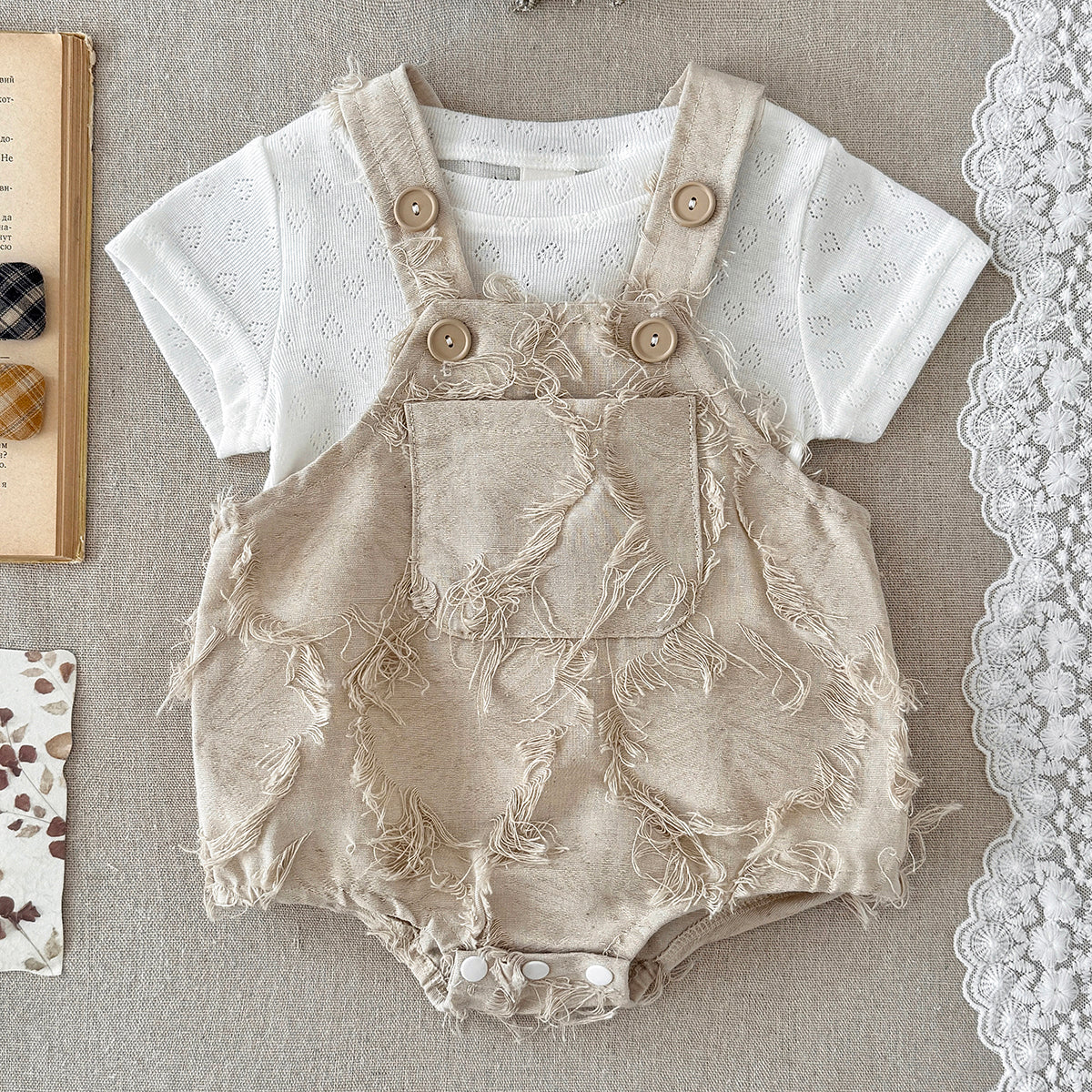 Frayed Texture Baby Overalls Romper Set Eyelet Short Sleeve Tee