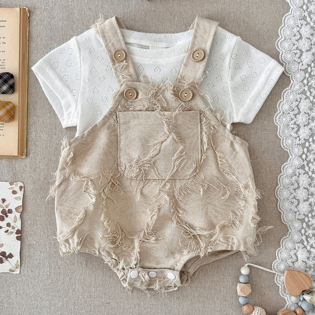 Frayed Texture Baby Overalls Romper Set Eyelet Short Sleeve Tee