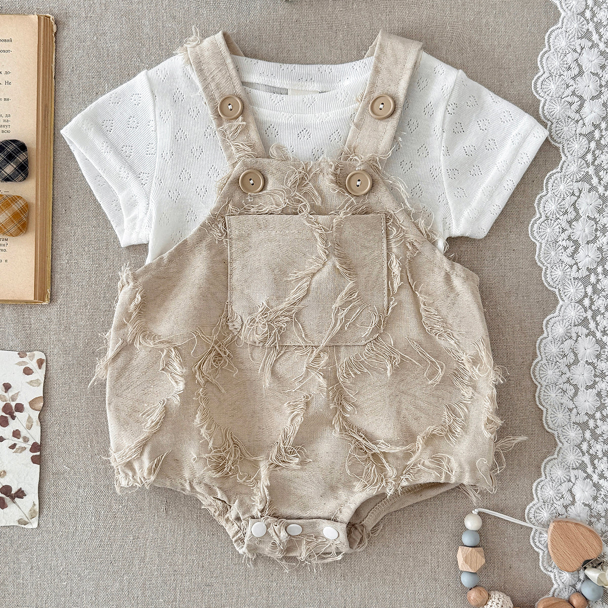 Frayed Texture Baby Overalls Romper Set Eyelet Short Sleeve Tee