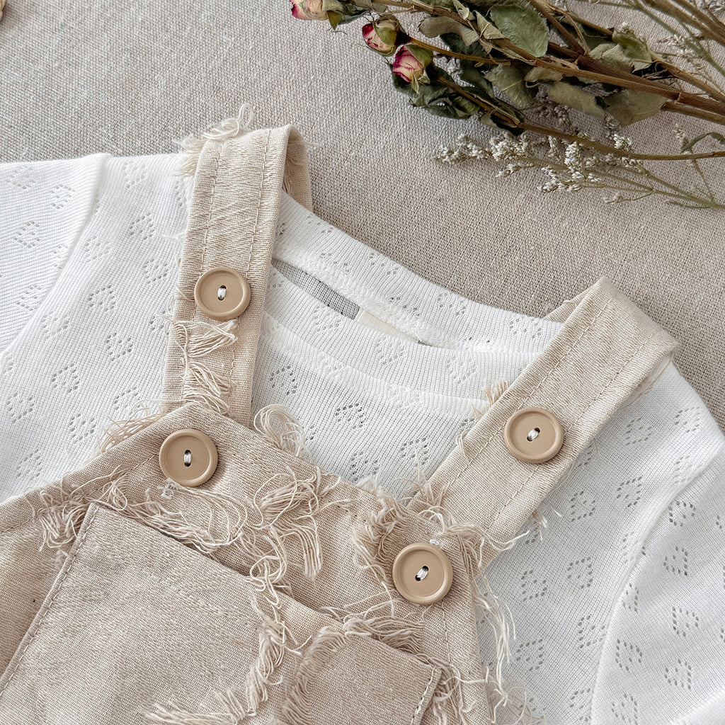 Frayed Texture Baby Overalls Romper Set Eyelet Short Sleeve Tee