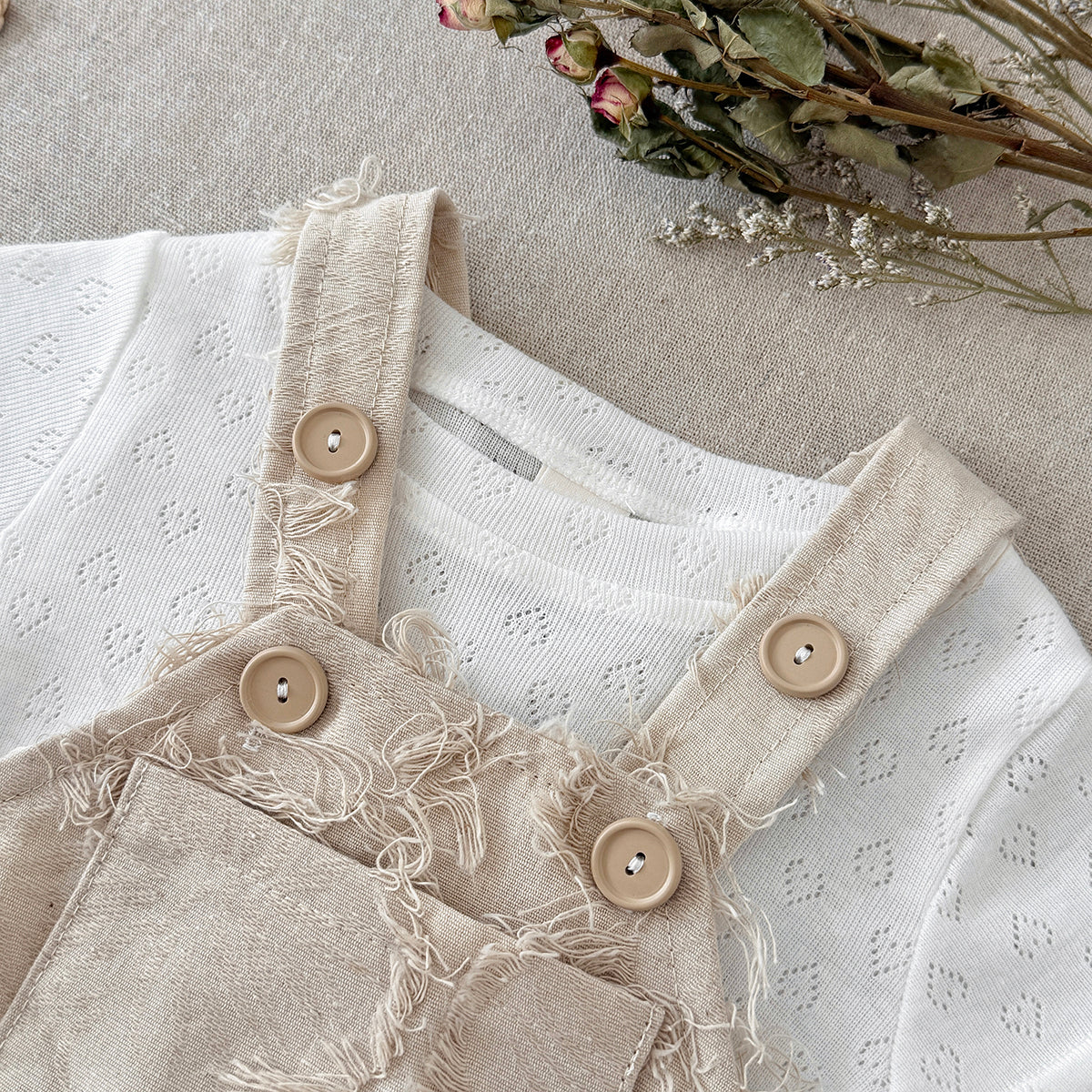 Frayed Texture Baby Overalls Romper Set Eyelet Short Sleeve Tee