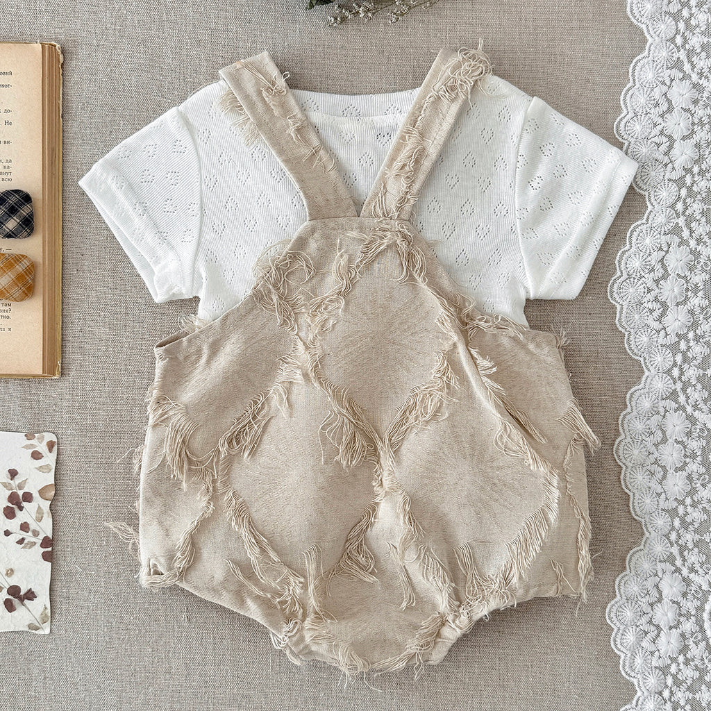 Frayed Texture Baby Overalls Romper Set Eyelet Short Sleeve Tee