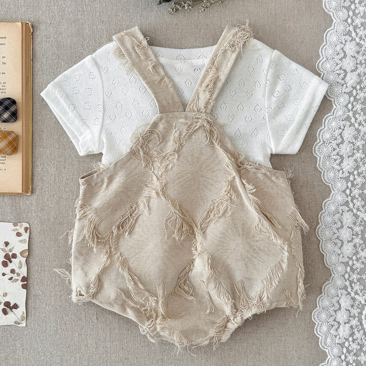 Frayed Texture Baby Overalls Romper Set Eyelet Short Sleeve Tee