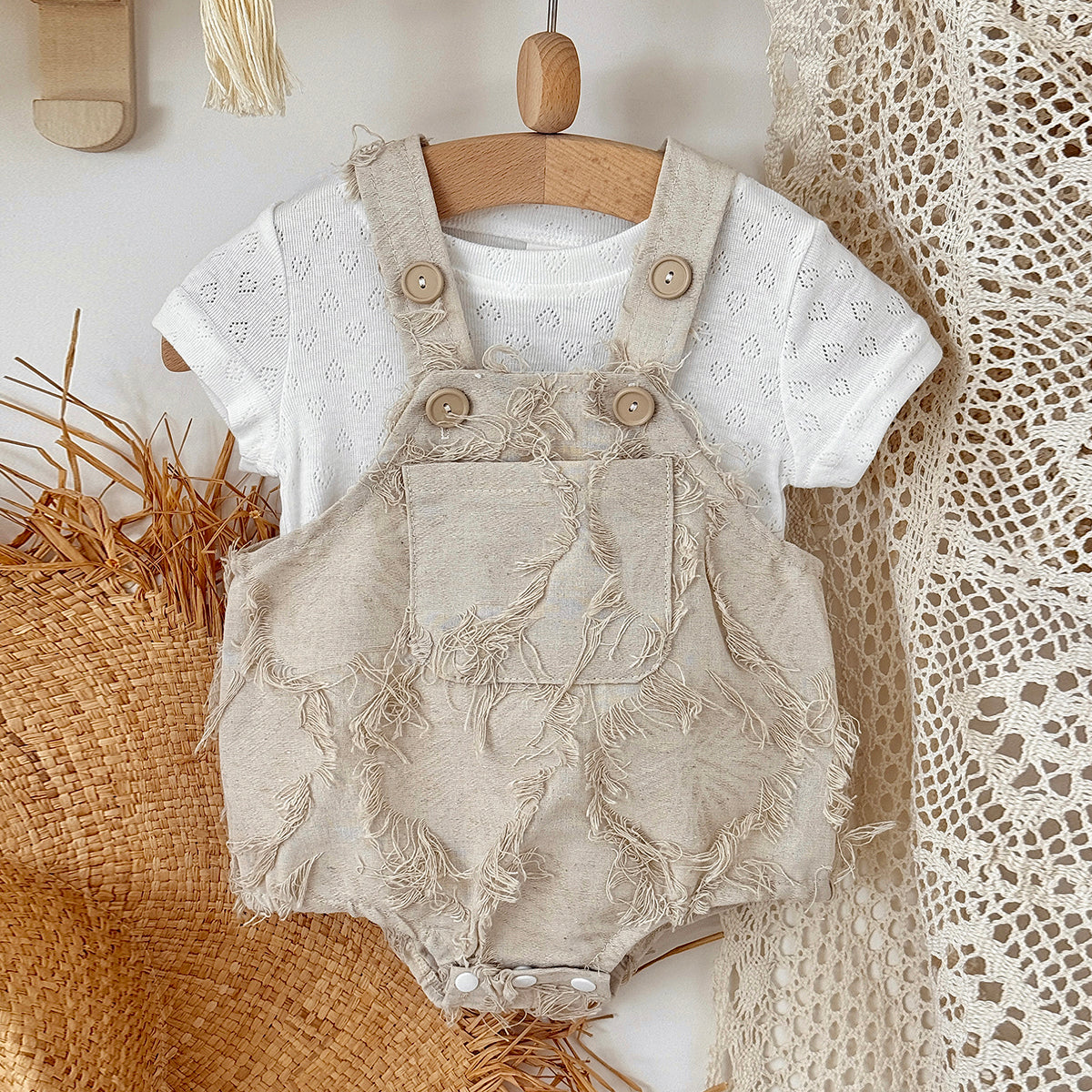 Frayed Texture Baby Overalls Romper Set Eyelet Short Sleeve Tee